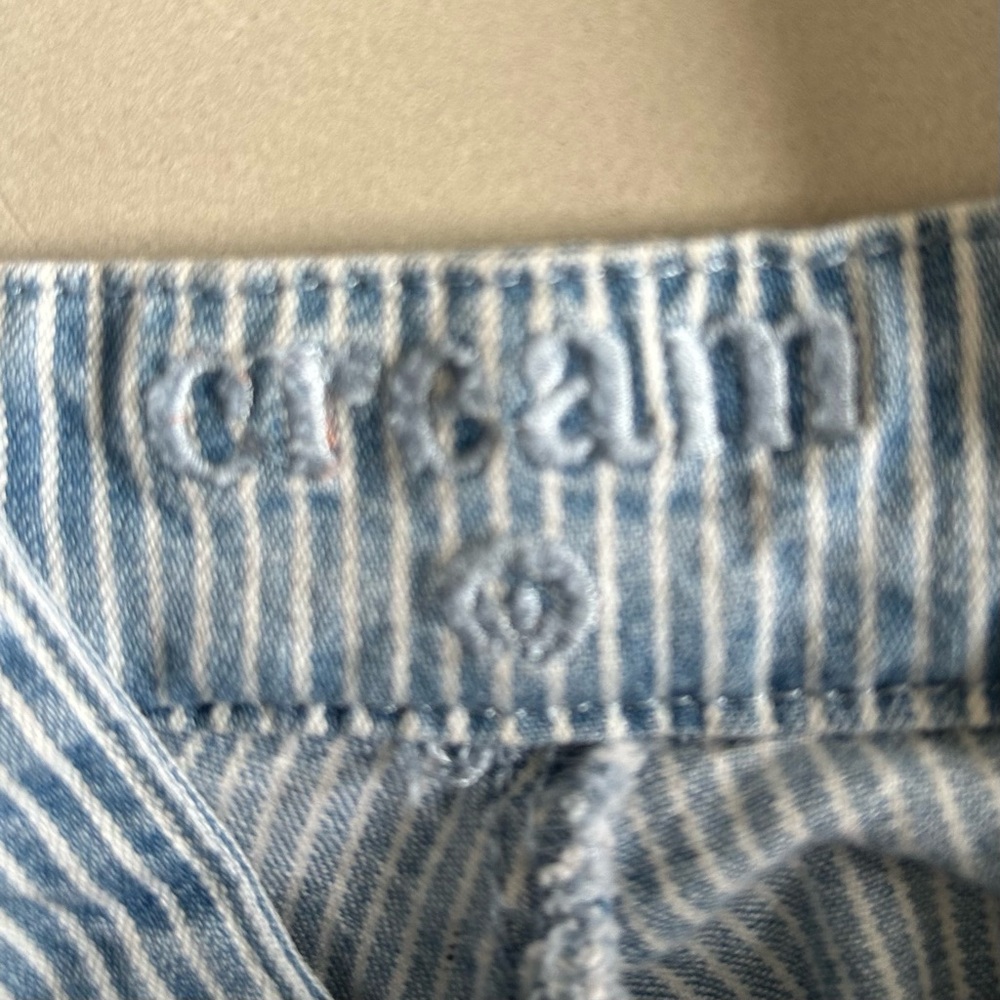 Cream Women’s Faded Blue Denim Pinstripe Overalls with Ruffled Straps  Size XS - Picture 13 of 16